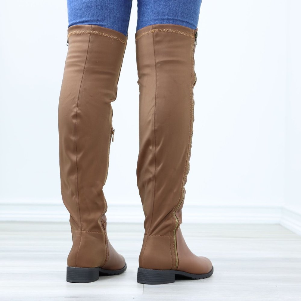 Tan Thigh High Over The Knee Faux Leather & Stretchy Material Low Heel Boot_8